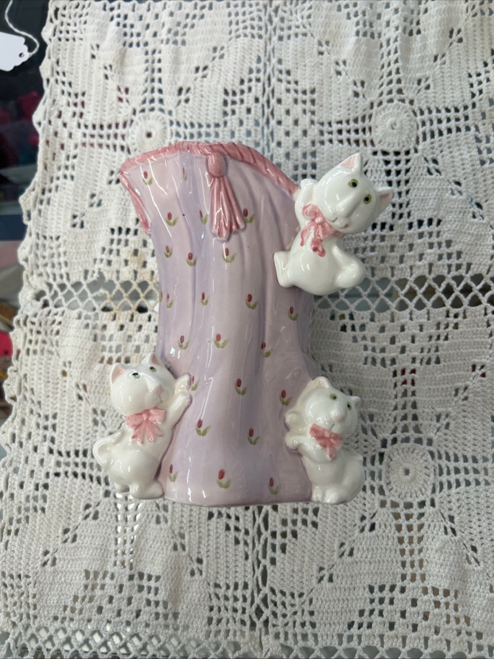Pink Ceramic Kitty Accent Vase with Bow Details